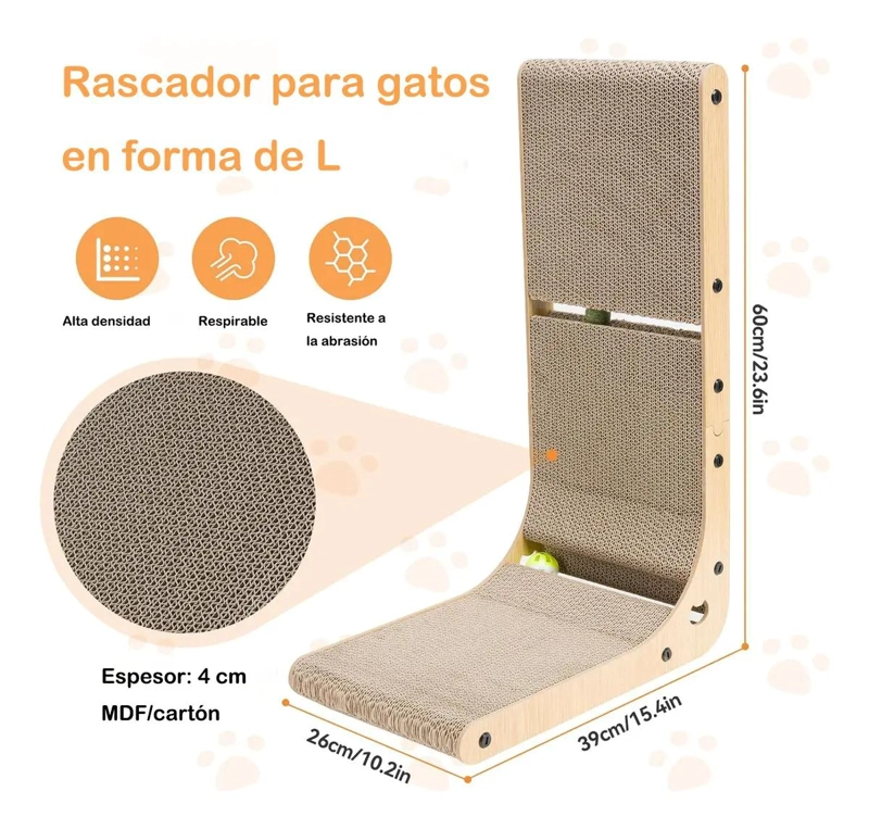 RASCADOR PARA GATOS GRANDE EN FORMA DE L CON PELOTA INTEGRADA - 3