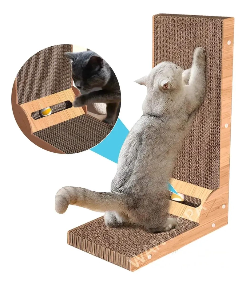 RASCADOR PARA GATO EN FORMA DE L CON JUGUETE DE BOLA INTEGRADO - 1