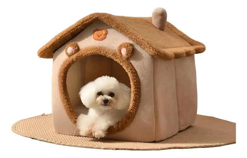CAMA PARA MASCOTAS CON DISEÑO CASITA COLOR MARRON COMODO Y ACOGEDOR - 1
