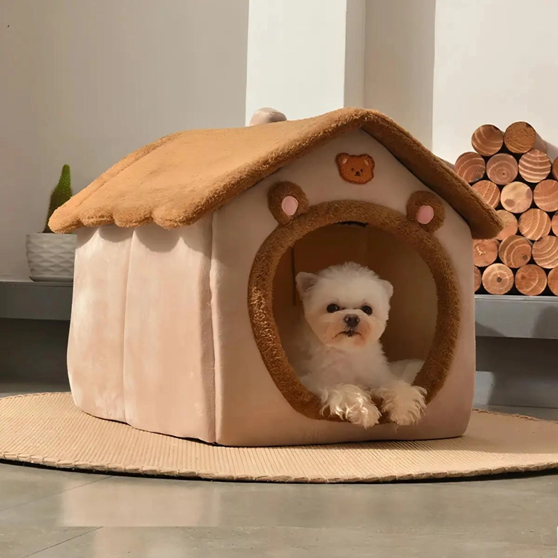 CAMA PARA MASCOTAS CON DISEÑO CASITA COLOR MARRON COMODO Y ACOGEDOR - 2
