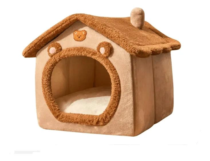 CAMA PARA MASCOTAS CON DISEÑO CASITA COLOR MARRON COMODO Y ACOGEDOR - 5