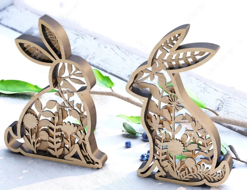 SET DE 2 ADORNOS DE CONEJO ENTRELAZADO PARA PLANTAS EN MADERA - 3