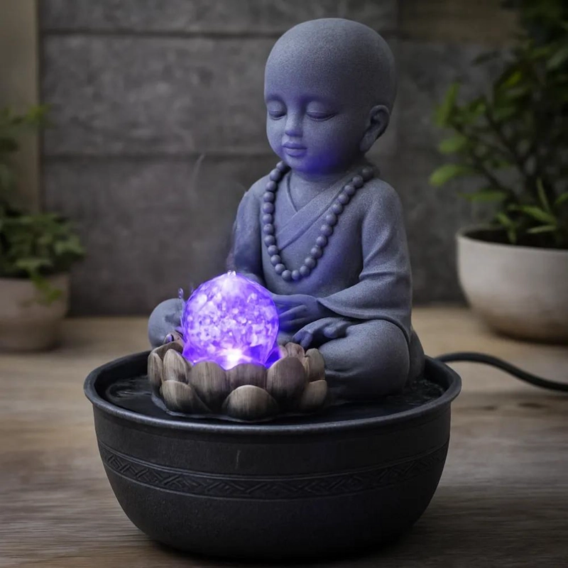 FIGURA DECORATIVA DE BUDA GRIS CON FUENTE DE AGUA INTEGRADA PARA INTERIORES - 3