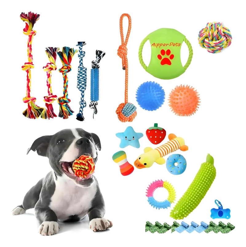 SET COMPLETO DE 28 JUGUETES PARA PERROS CON DISCO, PELOTA Y CUERDA - 1