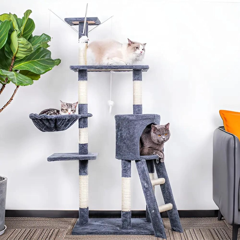 TORRE PARA GATO CON POSTES RASCADORES Y PLATAFORMAS EN COLOR CAFE - 3
