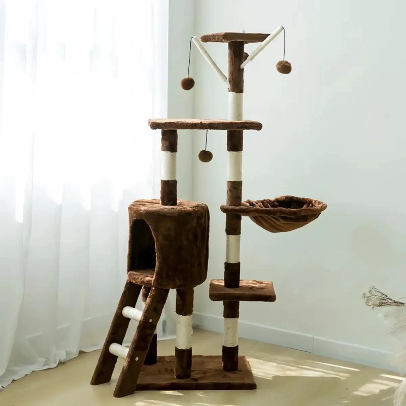 TORRE PARA GATO CON POSTES RASCADORES Y PLATAFORMAS EN COLOR CAFE - 4