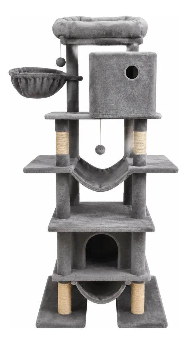 RASCADOR PARA GATO CON CASA Y HAMACA EN DISEÑO MULTINIVEL GRIS - 1