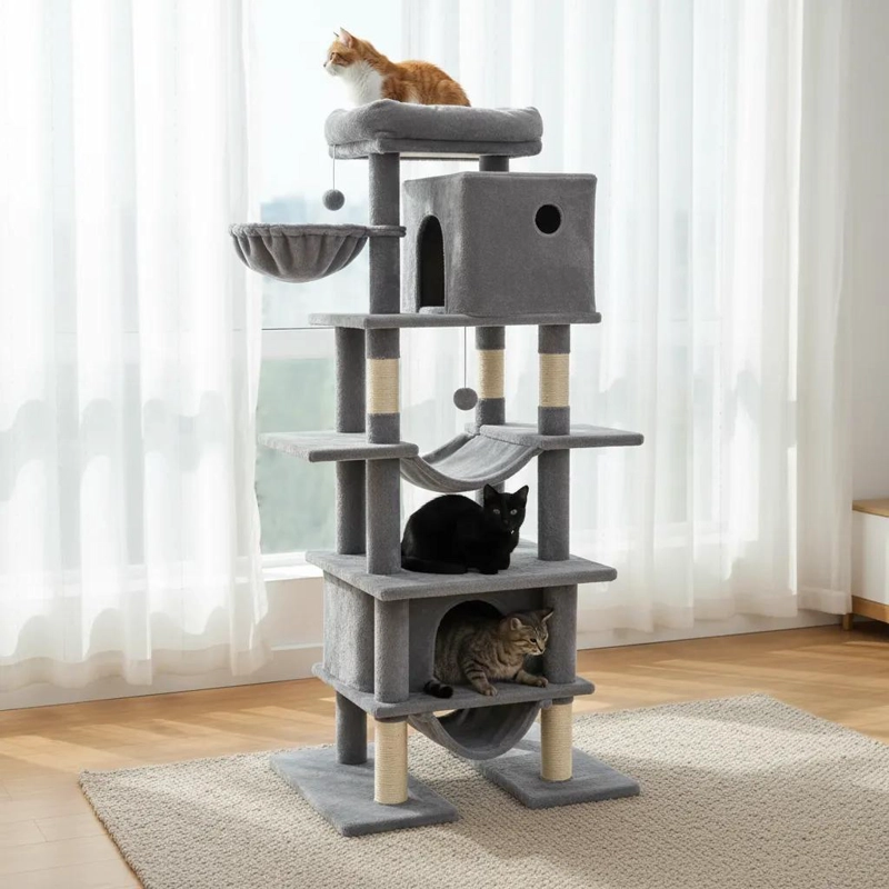 RASCADOR PARA GATO CON CASA Y HAMACA EN DISEÑO MULTINIVEL GRIS - 2