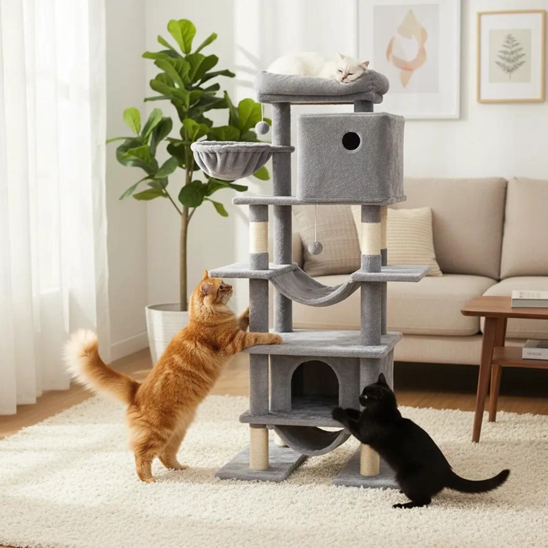 RASCADOR PARA GATO CON CASA Y HAMACA EN DISEÑO MULTINIVEL GRIS - 3