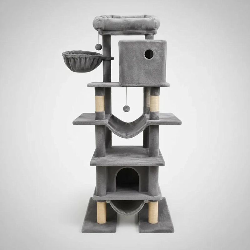 RASCADOR PARA GATO CON CASA Y HAMACA EN DISEÑO MULTINIVEL GRIS - 5