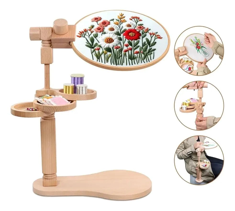 SOPORTE DE MADERA PARA BORDADO CON BANDEJAS GIRATORIAS Y ALMACENAMIENTO - 1