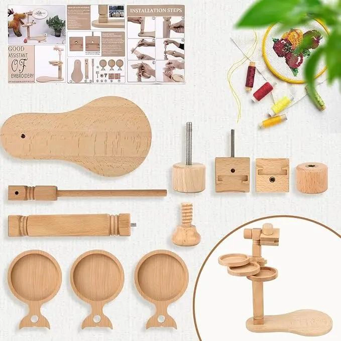 SOPORTE DE MADERA PARA BORDADO CON BANDEJAS GIRATORIAS Y ALMACENAMIENTO - 3
