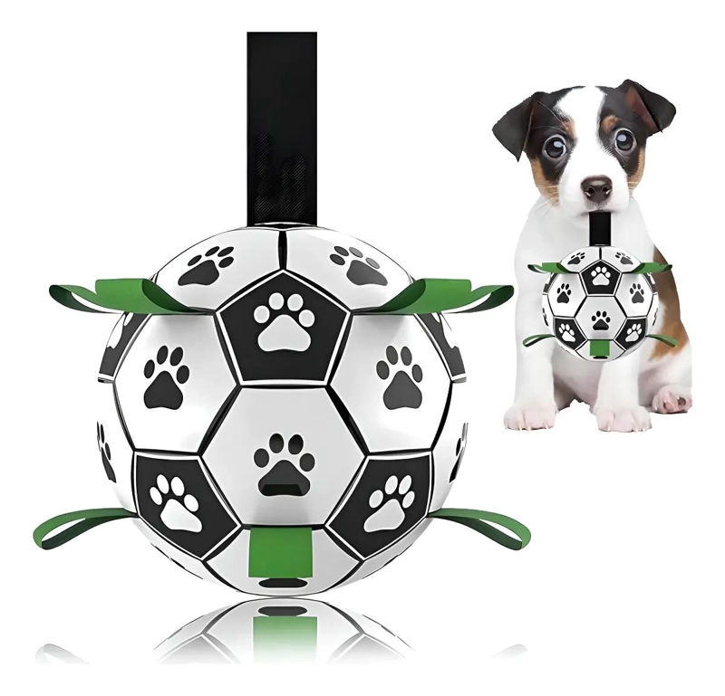PELOTA DE FUTBOL PARA PERRO CON CORREAS COLOR MORADO RESISTENTE Y SEGURA - 1