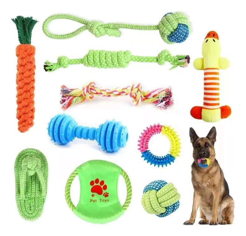 SET DE 10 JUGUETES VARIADOS PARA MASCOTAS CON PELOTA DE CUERDA Y DISCO - 1