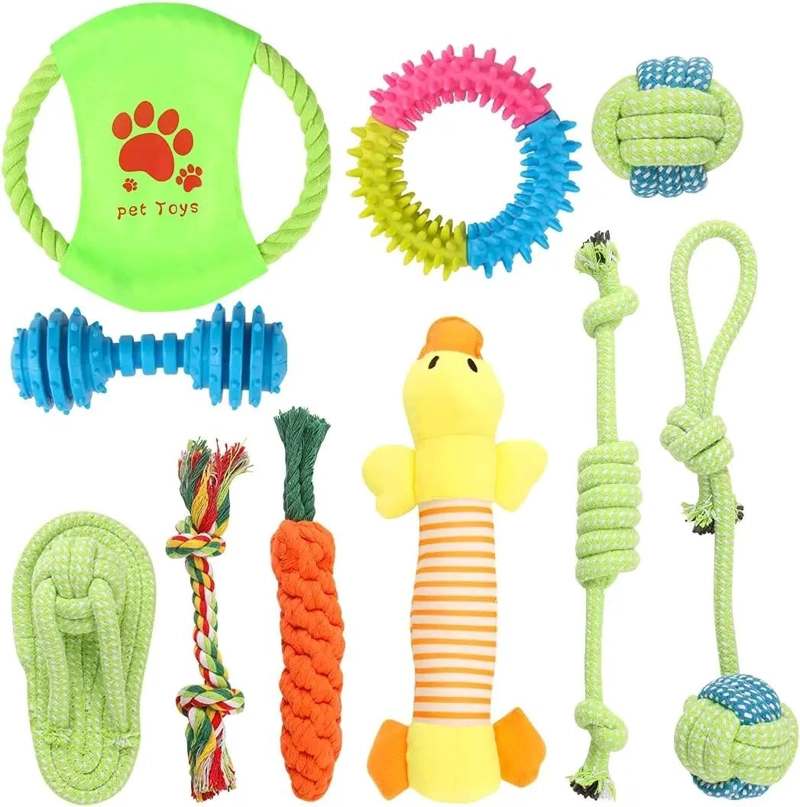 SET DE 10 JUGUETES VARIADOS PARA MASCOTAS CON PELOTA DE CUERDA Y DISCO - 2
