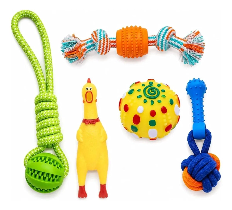 SET DE 5 JUGUETES PARA MASCOTAS CON PELOTA, CUERDA Y NUDO PARA ALIVIAR ANSIEDAD - 1