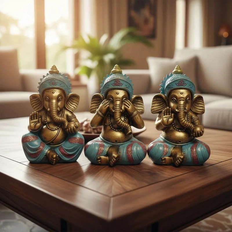 SET DE 3 ESTATUAS DECORATIVAS DE GANESHA MEDITANDO ESTILO E TNICO - 2