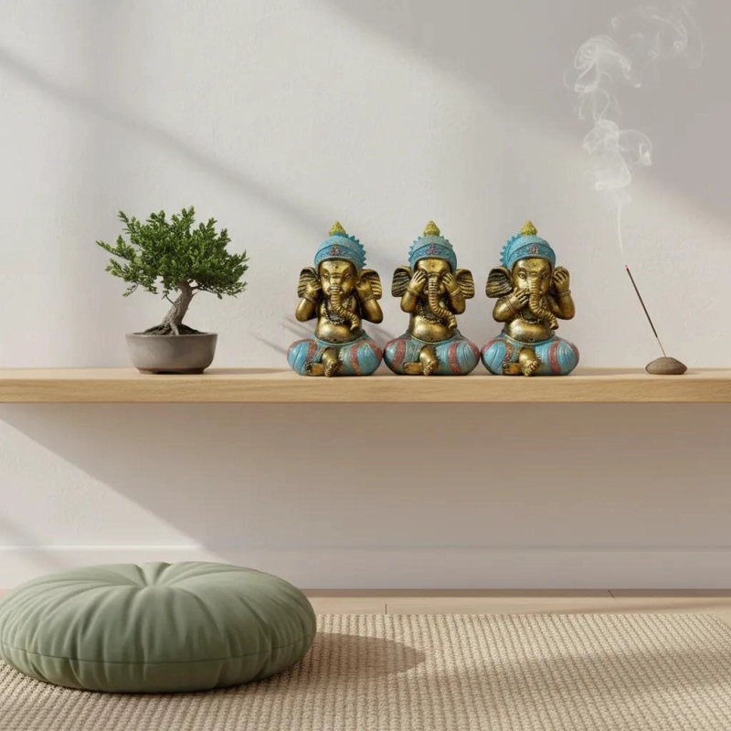 SET DE 3 ESTATUAS DECORATIVAS DE GANESHA MEDITANDO ESTILO E TNICO - 4