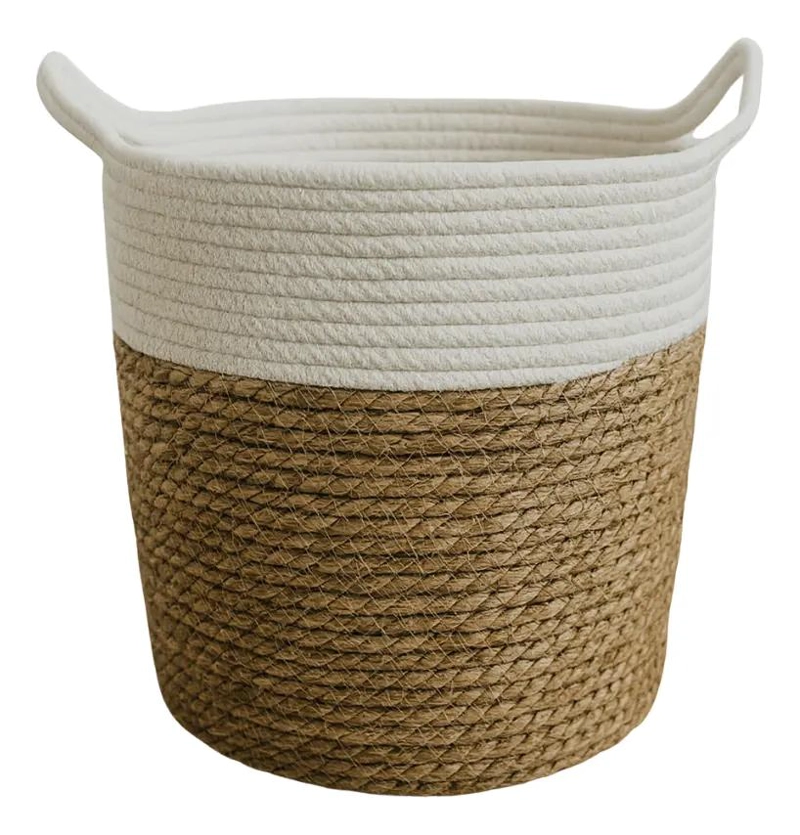 CANASTO DE YUTE Y ALGODON TEJIDO CON ASAS ESTILO RUSTICO - 1