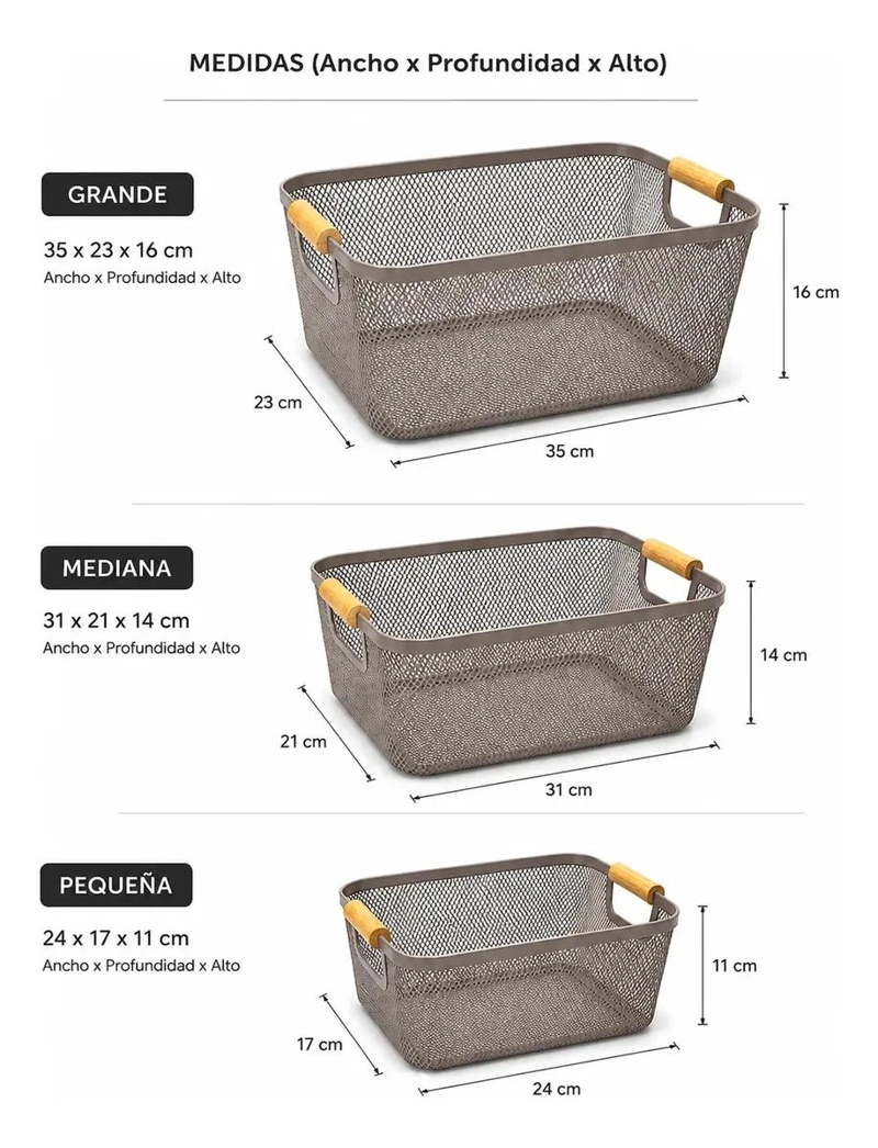 SET DE 3 CANASTOS METALICOS CON MANGO DE MADERA PARA ORGANIZACION HOGAREÑA - 3