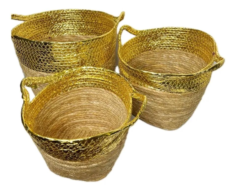 SET DE 3 CANASTOS DE FIBRA NATURAL CON ACABADO DORADO PARA ALMACENAJE - 2