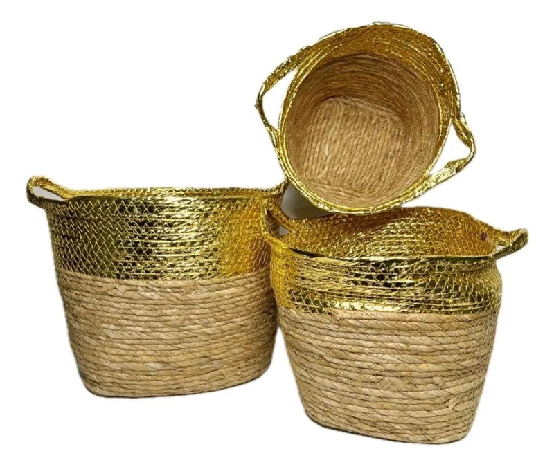 SET DE 3 CANASTOS DE FIBRA NATURAL CON ACABADO DORADO PARA ALMACENAJE - 3