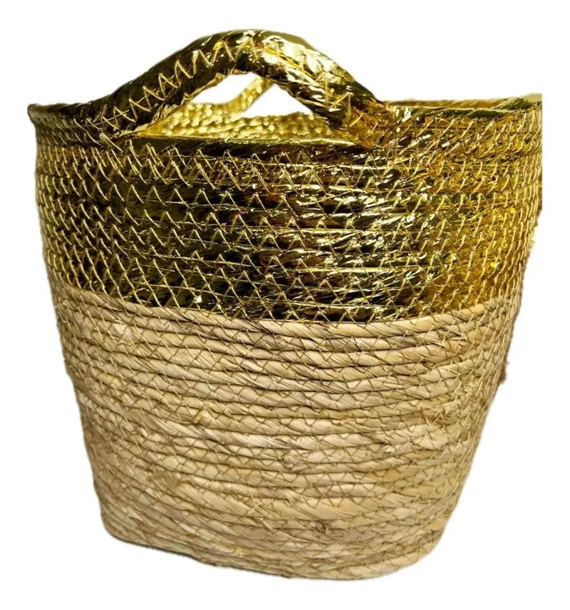 SET DE 3 CANASTOS DE FIBRA NATURAL CON ACABADO DORADO PARA ALMACENAJE - 4