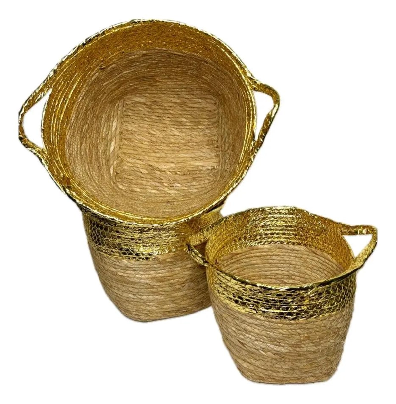 SET DE 3 CANASTOS DE FIBRA NATURAL CON ACABADO DORADO PARA ALMACENAJE - 5