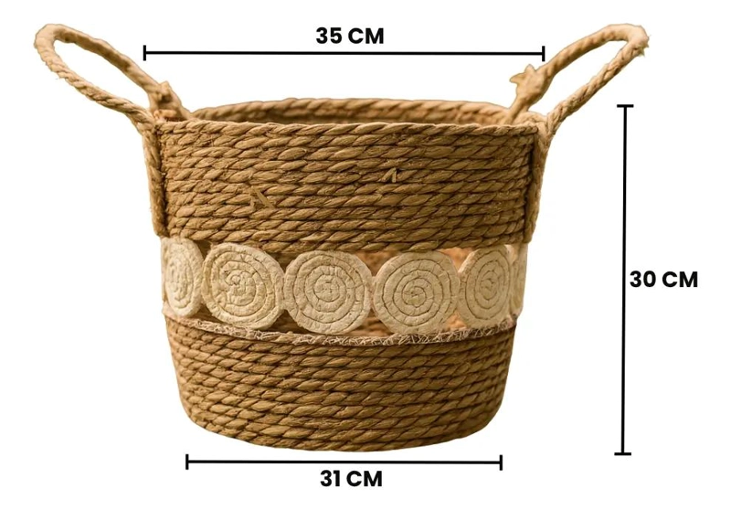 CANASTO DE YUTE TEJIDO CON DISEÑO DE CIRCULOS ESTILO RUSTICO XL - 5