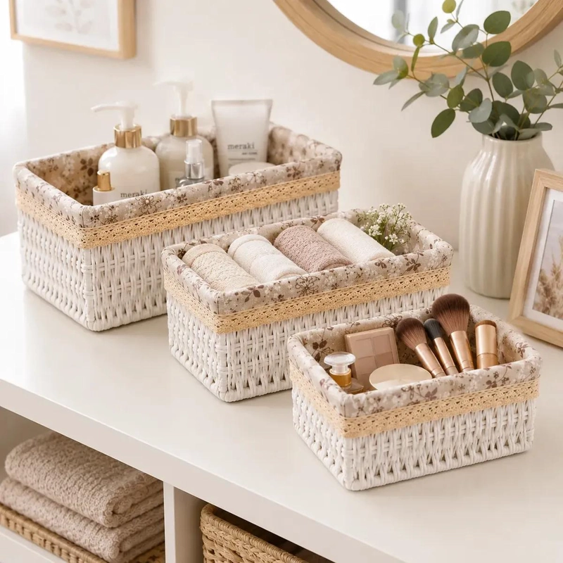 SET DE 3 CANASTOS ORGANIZADORES DE MIMBRE BLANCO CON TELA FLORAL - 2