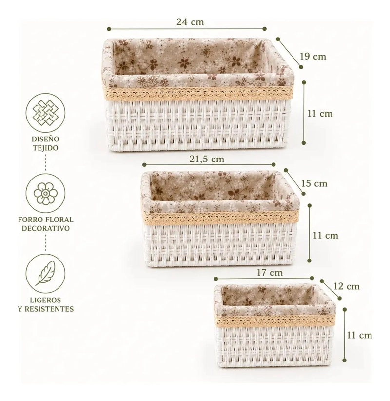SET DE 3 CANASTOS ORGANIZADORES DE MIMBRE BLANCO CON TELA FLORAL - 3