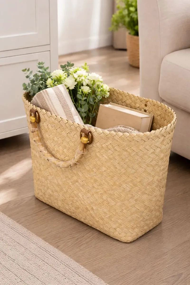 CANASTO ORGANIZADOR DE FIBRA NATURAL CON MANILLAS ESTILO BOHO PARA HOGAR - 1