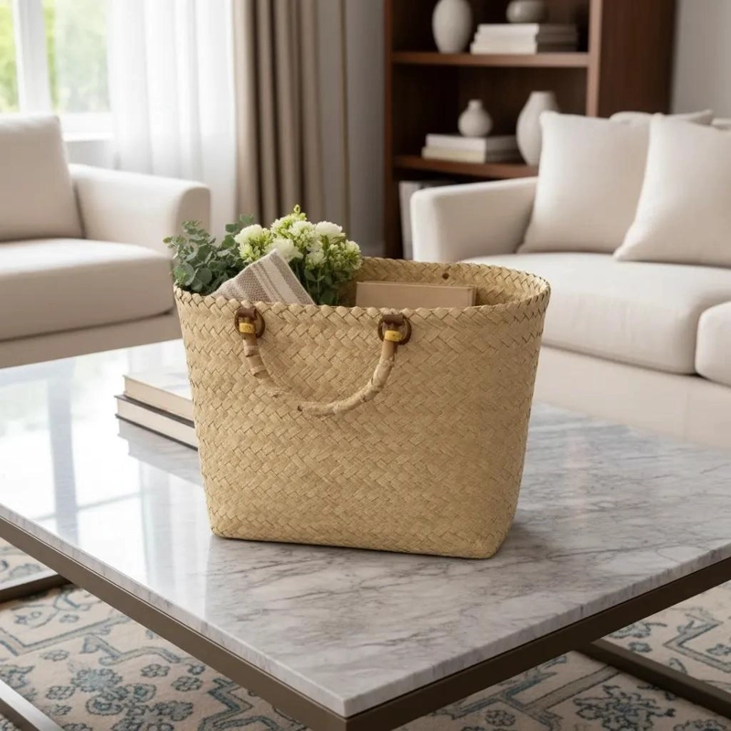 CANASTO ORGANIZADOR DE FIBRA NATURAL CON MANILLAS ESTILO BOHO PARA HOGAR - 4
