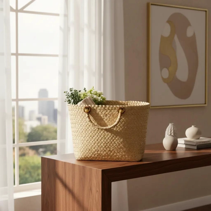 CANASTO ORGANIZADOR DE FIBRA NATURAL CON MANILLAS ESTILO BOHO PARA HOGAR - 5
