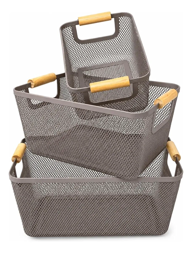 SET DE 3 CANASTOS METALICOS CON MANGO DE MADERA PARA ORGANIZACION - 1
