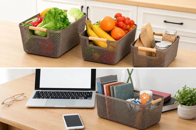 SET DE 3 CANASTOS METALICOS CON MANGO DE MADERA PARA ORGANIZACION - 2