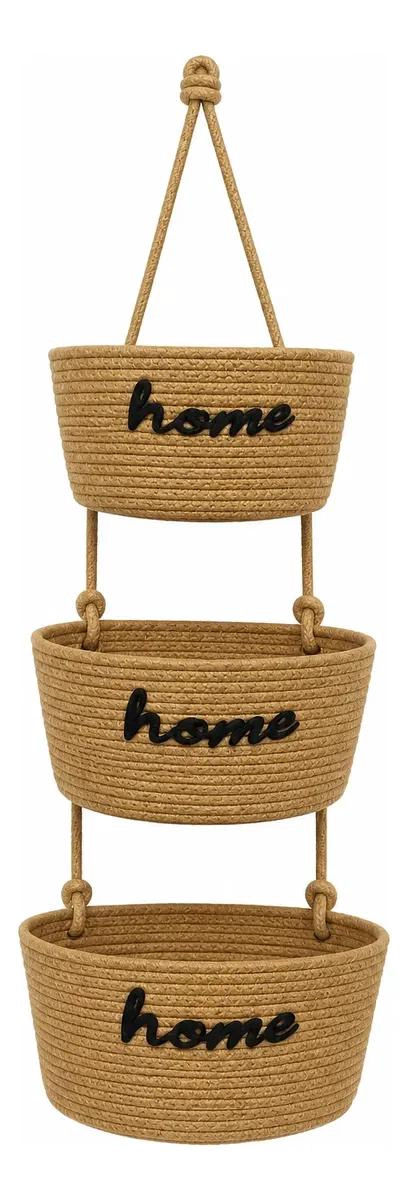 SET DE 3 CESTOS COLGANTES DE YUTE TEJIDO PARA DECORACION DE HOGAR - 1