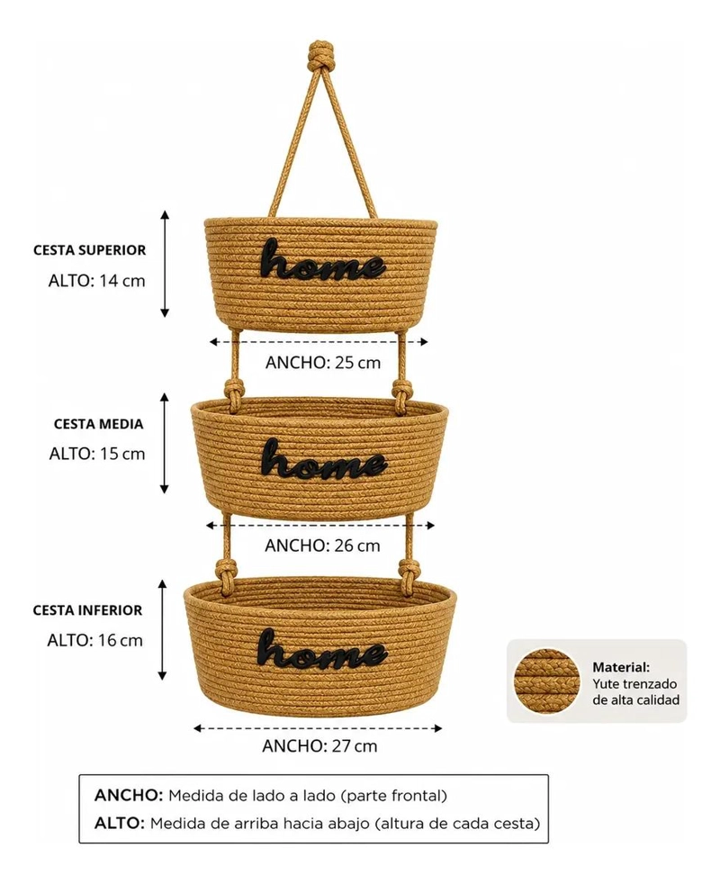SET DE 3 CESTOS COLGANTES DE YUTE TEJIDO PARA DECORACION DE HOGAR - 2
