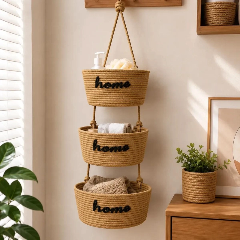 SET DE 3 CESTOS COLGANTES DE YUTE TEJIDO PARA DECORACION DE HOGAR - 4
