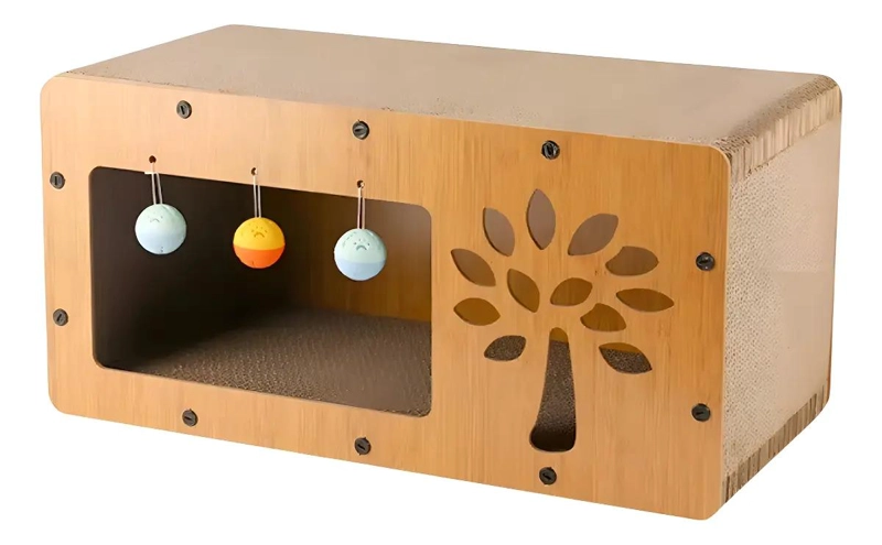 RASCADOR PARA GATOS DE MADERA Y CARTON CON DOS NIVELES Y CUCHA - 1