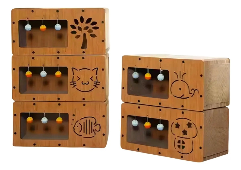 RASCADOR PARA GATOS DE MADERA Y CARTON CON DOS NIVELES Y CUCHA - 2