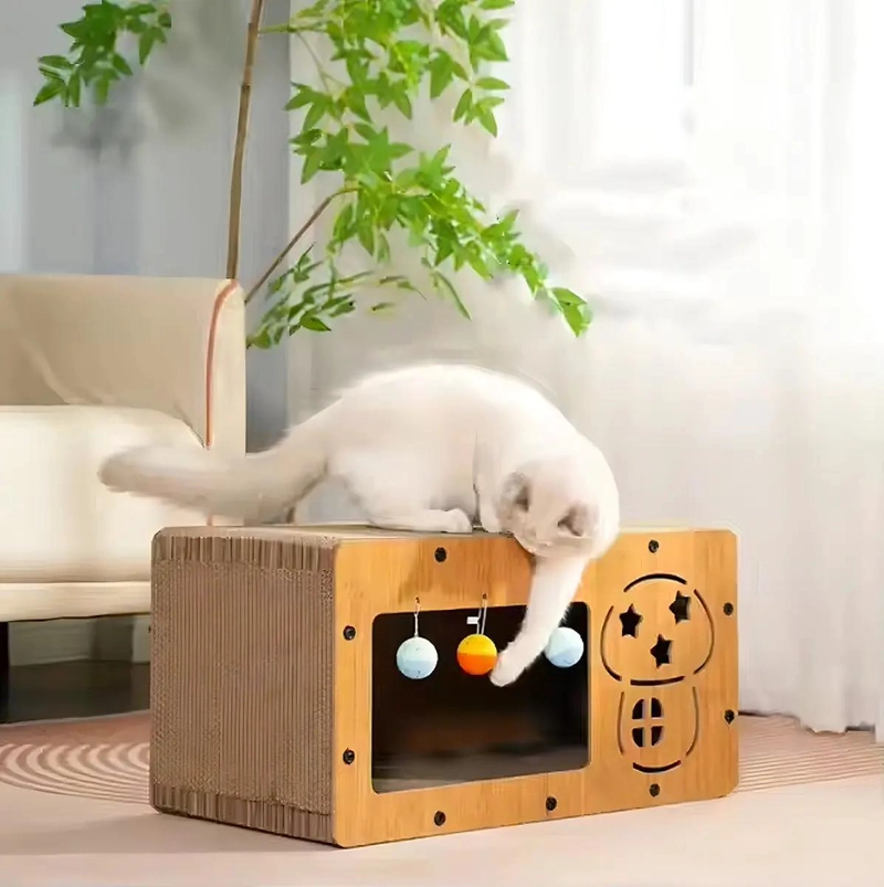 RASCADOR PARA GATOS DE MADERA Y CARTON CON DOS NIVELES Y CUCHA - 3