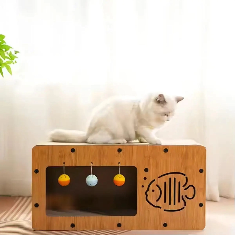 RASCADOR PARA GATOS DE MADERA Y CARTON CON DOS NIVELES Y CUCHA - 4