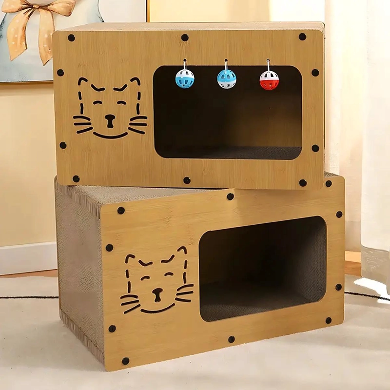 RASCADOR PARA GATOS DE MADERA Y CARTON CON DOS NIVELES Y CUCHA - 5