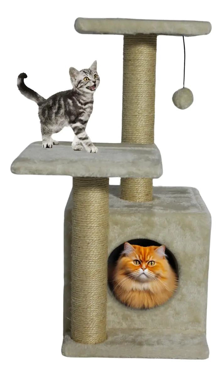 TORRE RASCADOR PARA GATO CON CASITA Y JUGUETE GRIS - 1