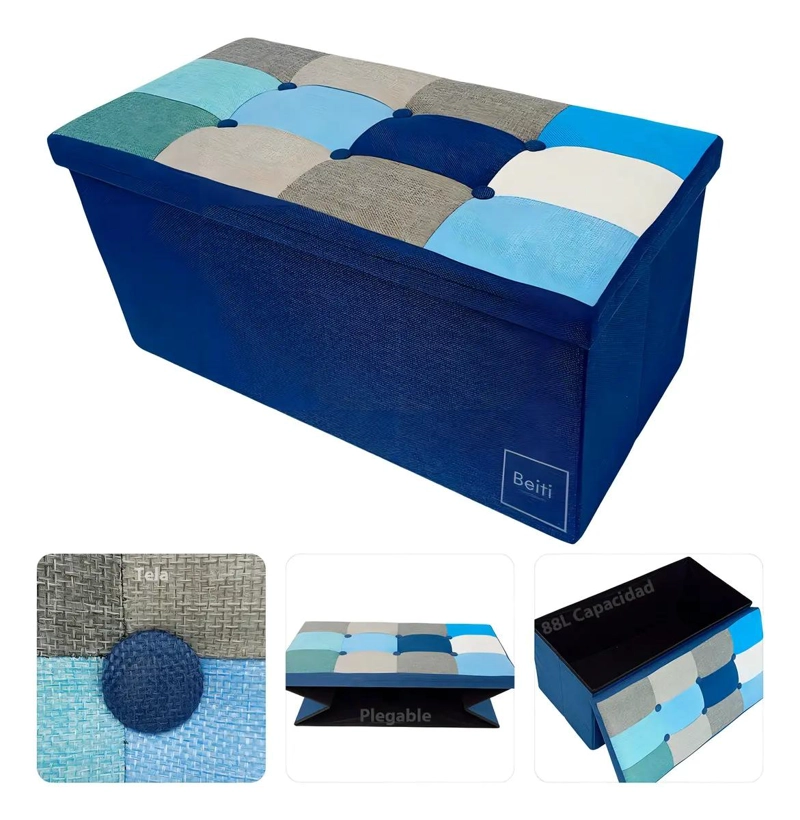 PUFF BAUL PLEGABLE ORGANIZADOR CON TELA RESISTENTE AZUL MIX 76X38 CM - 1