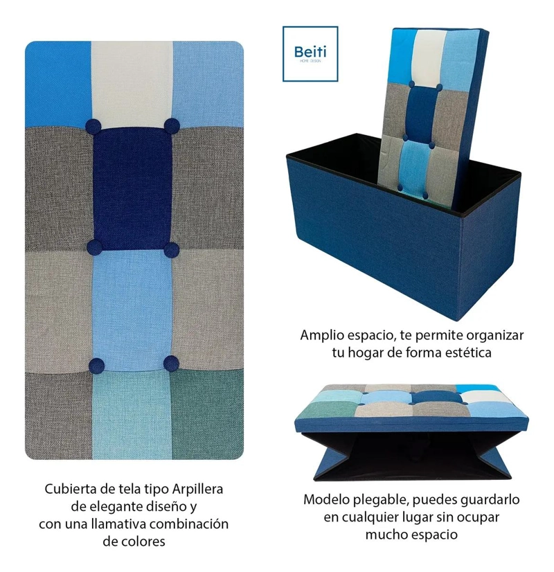 PUFF BAUL PLEGABLE ORGANIZADOR CON TELA RESISTENTE AZUL MIX 76X38 CM - 3
