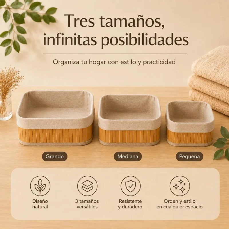 SET DE 3 CANASTOS ORGANIZADORES DE BAMBU Y TELA PLEGABLES - 3