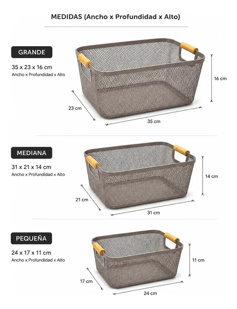 SET DE 3 CANASTOS METALICOS CON MANGO DE MADERA PARA ORGANIZACION HOGAREÑA - 3