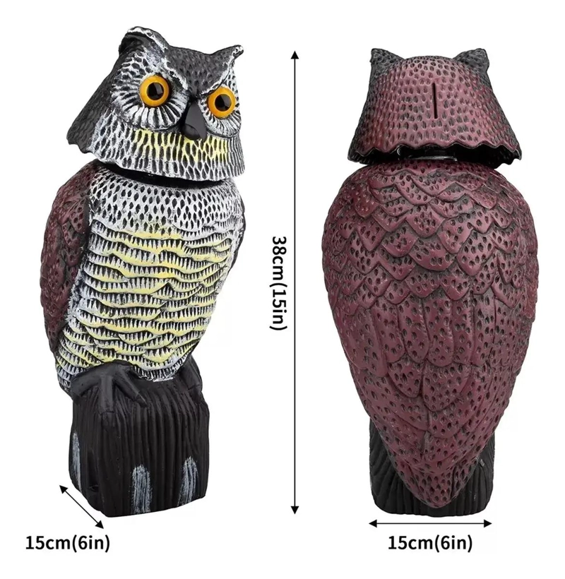 ESPANTAPAJAROS CON CABEZA GIRATORIA REALISTA DE BUHO PARA JARDIN - 1